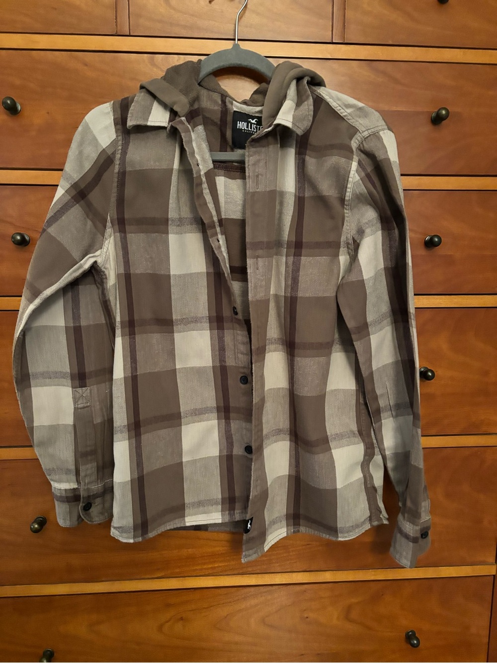 Hollister Brown & Cream Plaid Hooded Shirt Jacket